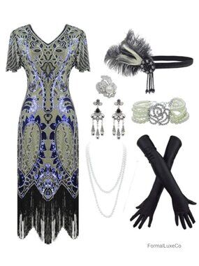 1920s Sequin Beaded Gatsby Flapper Dress with Accessories Set